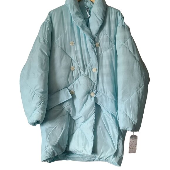 Free People Ella Puffer Jacket Sz M Blue Button Front Pockets Cozy NWT $168 - Picture 2 of 14
